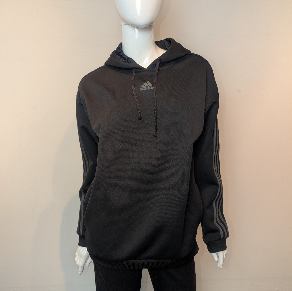 adidas Black Crewneck Hoodie with Three-Stripe Sleeves